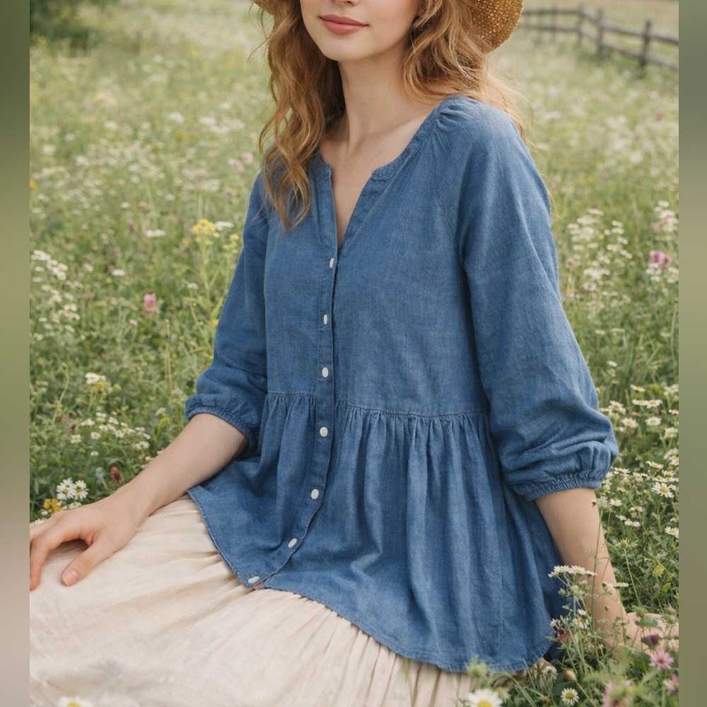 American Eagle Blue Chambray Babydoll Tunic Top XL‎ Boho Cottagecore